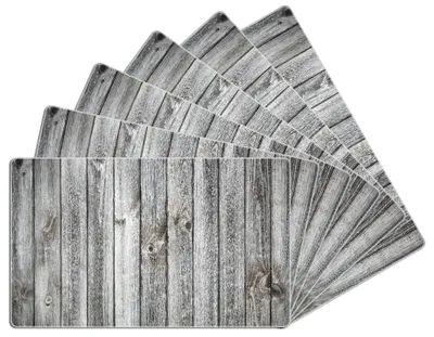 Produktbild von Wallario Frühstücksbrettchen 6er Set aus Glas, je 14 x 23 cm, mit rutschfesten Füßen, Motiv Holz-Optik Textur hellgraues Holz Paneele Dielen mit Asteinschlüssen