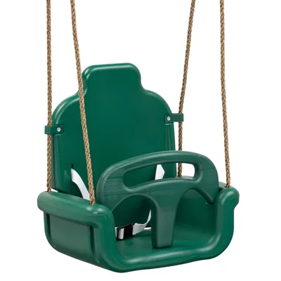 A green child's swing seat with a safety harness, suspended by ropes against a white background.
