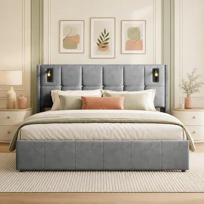 Immagine prodotto di Letto imbottito INONEFT 140x200 cm con LED e porta USB di tipo C, letto con box e contenitore, letto matrimoniale per giovani con spazio contenitivo, rivestito in velluto grigio