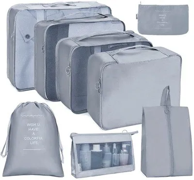 Produktbild von Unyqoos® 8‑teiliges wasserabweisendes Packwürfel‑Reise‑Set (Nylon) – Organizer mit Mesh: 3 Kleiderwürfel, BH-/Unterwäschefach, Schuhbeutel, Kulturbeutel, Wäschesack, Flachtasche