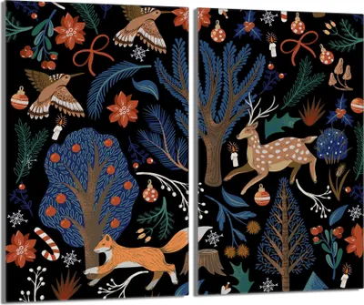 A decorative illustration of a winter forest scene with various animals and festive elements.