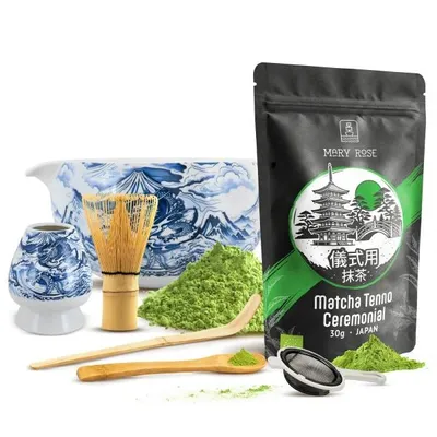 Produktbild von Mary Rose - Matcha Tee Ceremonial Set Tenno 30g - Schale Dragon 350ml Mit Ausguss Bambus Besen Chasen Sieb - Japanische Teezeremonie