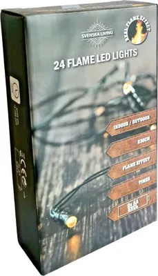 The image shows the packaging of a string of LED lights with a flame effect.