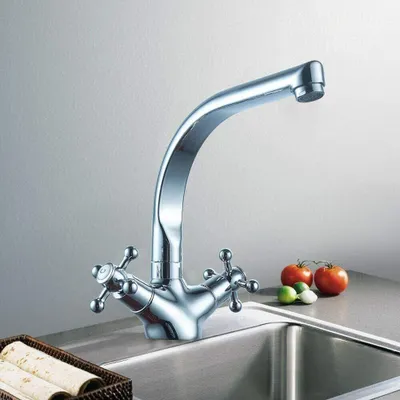 A chrome kitchen faucet with two handles is shown in a sink, with tomatoes and limes on the counter.