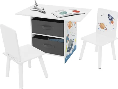 Produktbild von Joyz 3tlg Kindersitzgruppe, 1 Kindertisch mit Stauraum und 2 Stühlen, Weltraum, Weiß, aus Holz, Kindermöbel Set für Kinder