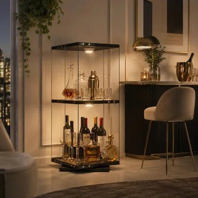 Produktbild von ProximaX Glasvitrine 360° drehbar Schwarz mit 2 Ebenen, RGB LED Beleuchtung und Fernbedienung