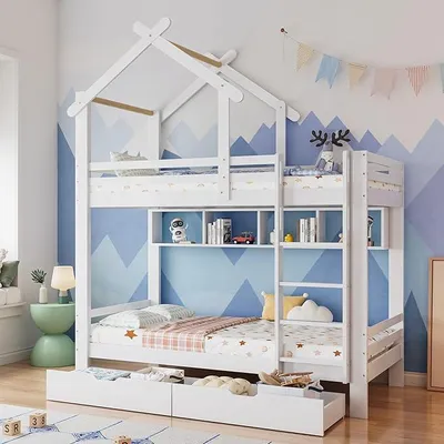 Produktbild von Etagenbett 90x200, Kinderbett Hochbett für 2 Kinder, Hausbett mit 2 Schubladen&Regalen&Dach&Leiter, Kinderhochbett mit Rausfallschutz&Lattenrost, Bettgestell Stockbett Familienbett, Massivholz, Weiß