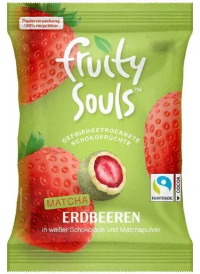 Produktbild von FruitySouls Gefriergetrocknete Schokofrüchte Matcha Erdbeeren Weiße Schokolade 80g