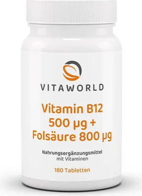 Zdjęcie produktu dla Vitaworld Witamina B12 500 µg + kwas foliowy 800 µg | 180 tabletek | wysoka dawka | wyprodukowano w Niemczech | wegańskie