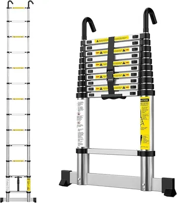Imagen del producto de Escalera telescópica de aluminio, extensible, con 13 peldaños, de 3,8 metros
