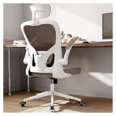 Produktbild von Ergonomischer Bürostuhl mit hoher Rückenlehne aus Netzstoff, Computer-Schreibtischstuhl mit klappbaren Armlehnen, verstellbarer Lendenwirbelstütze und Kopfstütze, drehbarer Rollstuhl für Zuhause und Büro