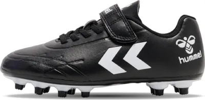 A single black soccer cleat with white accents, shown from the side against a white background.