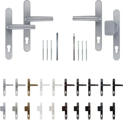 A collection of door handles and related hardware, displayed against a white background.