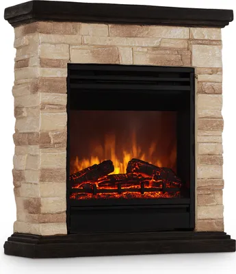 A freestanding electric fireplace with a stone-effect surround and a dark wood base and mantel.