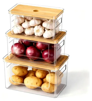 Produktbild von Kartoffel Aufbewahrungsbox mit Deckel - Stapelbare Aufbewahrung für Kartoffeln, Zwiebeln und Knoblauch - Küchenorganisation Set (3 Stück)