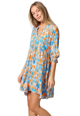 Produktbild von PM SELECTED Damen Mini Tunika Kleid mit Print Hemdblusenkleid Sommer Kleid PM31 Orange - Blau Einheitsgröße Gr. 34 - 38