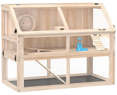 Produktbild von Hamsterkäfig aus Holz 3 Etagen Nagerkäfig Kleintierkäfig mit Wippe Laufrad Hütte 95 x 53 x 76 cm Naturholz