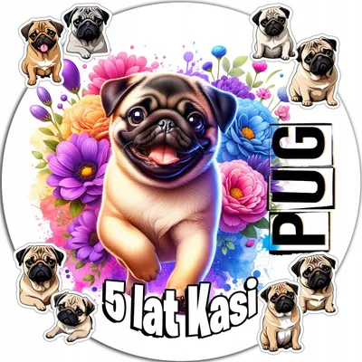 Zdjęcie produktu dla Opłatek Na Tort 20Cm - Psy Mops Pug Dekoracja Urodzinowa + Imię 15Cm 18Cm