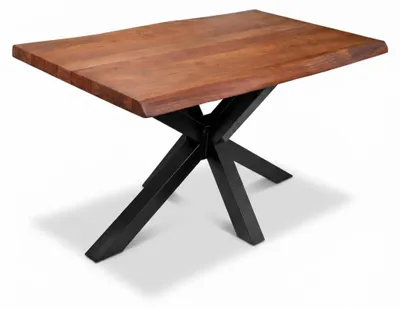 Produktbild von Esstisch 140 x 80 cm Cali, Baumkantentisch nussbaumfarben, Akazienholz massiv, Spider-Gestell aus Metall Schwarz, aufgedoppelte Kanten 25+25 mm