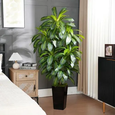 Image de Dracaena artificielle de 180 cm avec pot noir, grand palmier artificiel aussi réaliste qu'un vrai avec 108 feuilles, arbre artificiel pour la décoration d'intérieur et l'aménagement de la maison