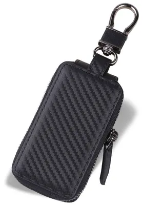 Immagine prodotto di Portachiavi in vera pelle, portafoglio per chiavi auto, stile vintage, con gancio a scatto, colore nero, materiale carbonio, dimensioni 9x5x2 cm