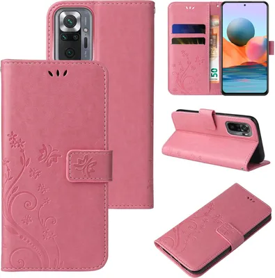 Collage of images showing a pink floral butterfly flip phone case for a Xiaomi Redmi Note 10 Pro.