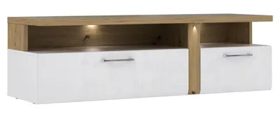 Obrázek produktu pro Nábytek24 Tv skříňka Tuluza TUZT121B, bílý vysoký lesk, nízká deska, spodní skříňka s LED osvětlením, TV skříňka, TV stolek se 2 zásuvkami bez osvětlení