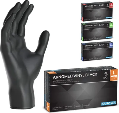 Produktbild von ARNOMED Einweghandschuhe, Vinyl Handschuhe Einweg Schwarz 100 Stk, Einmalhandschuhe Gr. S-XL, Einmal Handschuhe puder- & latexfrei - Gr. L
