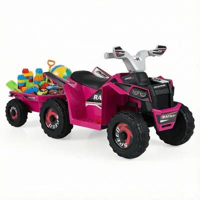 Zdjęcie produktu dla COSTWAY 6V elektryczny quad dla dzieci, quad dla dzieci z odłączaną przyczepką, prędkość 2-3 km/h, reflektory, funkcja jazdy do przodu i do tyłu, dla dzieci powyżej 3 roku życia + różowy