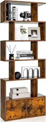 Produktbild von Bücherregal 5 Ebenen mit Schrank, Standregal freistehend aus Holz, Raumteiler Aktenregal mit Kippschutz, Aufbewahrungregal 70x23x183 cm, Holzregal für Wohnzimmer (Walnuss)
