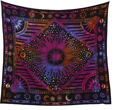 Productafbeelding van Ibenzoa® Handgemaakt psychedelisch wandtapijt met zon, maan en sterren, katoen, kleurrijk, 140 x 150 cm – geschikt voor binnen- en buitengebruik