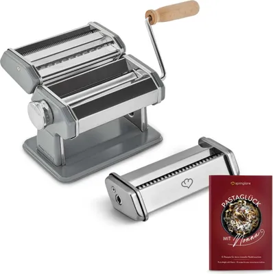 Produktbild von SPRINGLANE Manuelle Nudelmaschine Nonna, Edelstahl, Pastamaker inkl. Rezeptheft, Nudeltrockner, Linguineaufsatz & 3 Schneideaufsätze für Spaghetti, Lasagne, Tagliatelle - Grau