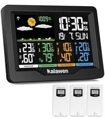 Produktbild von Kalawen Funk-Wetterstation mit 3 Außensensoren Farbdisplay DCF-Funkuhr