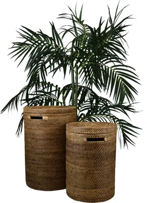 Image de Panier à linge Boîte à linge avec couvercle 100% ata, rotin palmier, pièces uniques décoratives Panier de rangement fait main naturel rond, grand 60 x 40 cm
