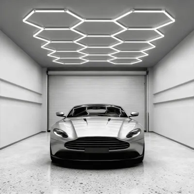 Obrázek produktu pro Stropní světlo LZQ LED Hexagon - 14 panelů, 6500K bílá, připojitelné, moderní design pro garáže, dílny, autosalony, tělocvičny, sklepy, výstavy