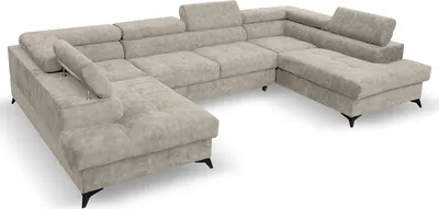 Image de MargaretHadas24 Canapé d'angle en U Palermo avec fonction couchage, rangement pour literie 345 x 202 cm Grand canapé, appuie-tête réglables Canapé XXL, 5 places, beige