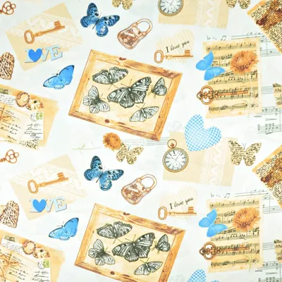 Produktbild von Baumwolle 100% Vintage Souvenirs mit blauen Schmetterlingen auf weißem Hintergrund
