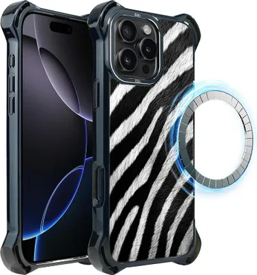 Produktbild von Schutzhülle für das iPhone 16 Pro, MagSafe-kompatibel, verstärkte Ecken, schwarz, Zebramuster