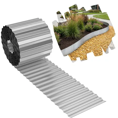 Zdjęcie produktu dla YARDIN Obrzeża do trawnika i rabat, srebrne, 15m x 18cm, ocynkowana stal. Metalowe obrzeża do ogrodu, które można przycinać, idealne do oddzielania trawników, rabat kwiatowych i ścieżek w ogrodzie