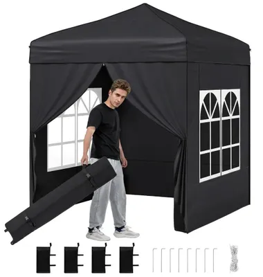 Produktbild von KOMFOTTEU Pop-up Pavillon 194 x 194 cm, Faltpavillon mit 4 abnehmbaren Seitenwänden, 3-fach höhenverstellbares Partyzelt mit Sandsäcken, Heringen & Abspannleinen, Gartenpavillon mit Rolltasche