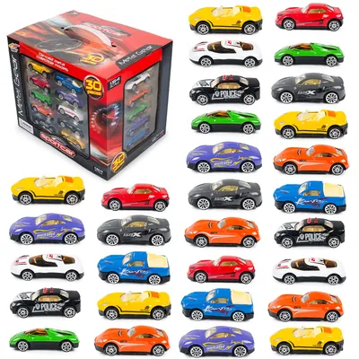 A collection of toy cars displayed in a box and arranged in rows.