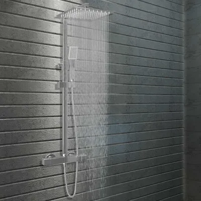 Produktbild von Doppel-Regendusche - Duschkopf-Set - Handbrause - Thermostatarmatur - Duschstange - Edelstahl
