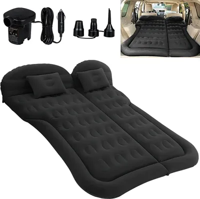 An inflatable car mattress with accessories, laid out on a white background, and a smaller inset image showing it installed in the back of an SUV.