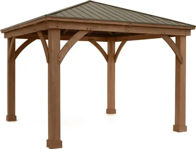 A wooden gazebo with a metal roof, presented on a white background.