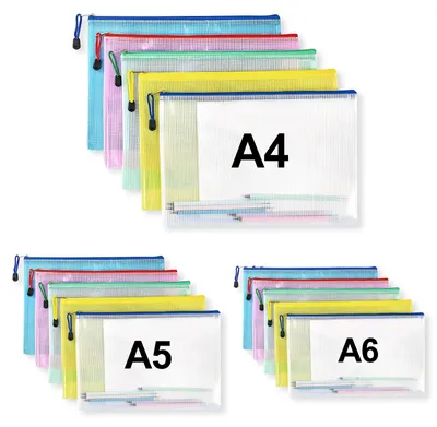Dokumententasche mit Reißverschluss, 15er Set, A4+A5+A6, wasserdicht, 5 Farben