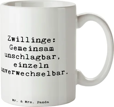 Produktbild von Mr. & Mrs. Panda Kaffeebecher Spruch Unschlagbare Zwillingsgeschwister - Weiß - Geschenk, Becher, Kaffeetasse, schöne tasse, Pott, Individualität, Teamgeist, Geschwister