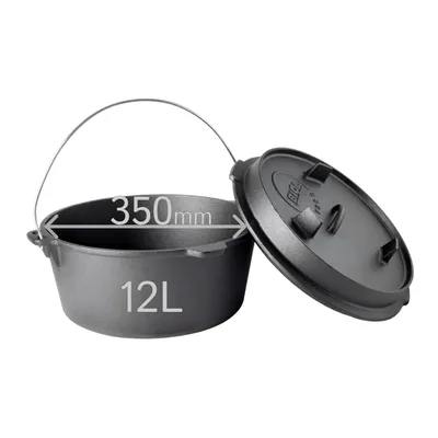 Produktbild von BIOL Dutch Oven 12 Liter aus Gusseisen – Eingebrannter Feuertopf mit Deckelheber und Doppelfunktions-Deckel, Für Outdoor & Indoor, Schwarz