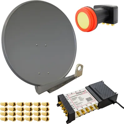 A satellite dish, LNB, and a multischalter are arranged on a white background.