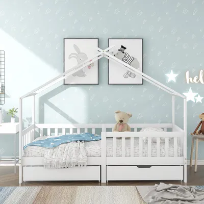 Obrázok produktu pre Postel s domčekom, rozmer 200x90 cm, detská postel s 2 zásuvkami, vyrobená z masívneho dreva, biela