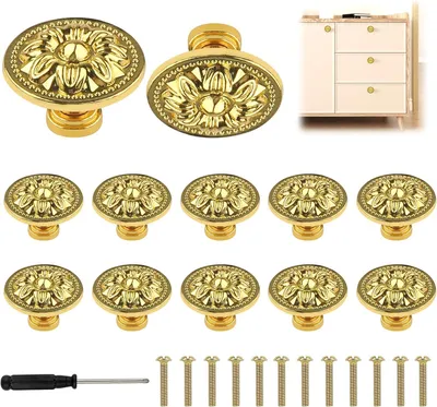 Produktbild von Möbelknöpfe 30 mm, 12 Stück, rund, Blumenmuster, goldene Verarbeitung, für Schränke